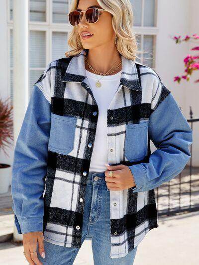 Pocketed Plaid Snap Down Denim Jacket for Stylish Wear