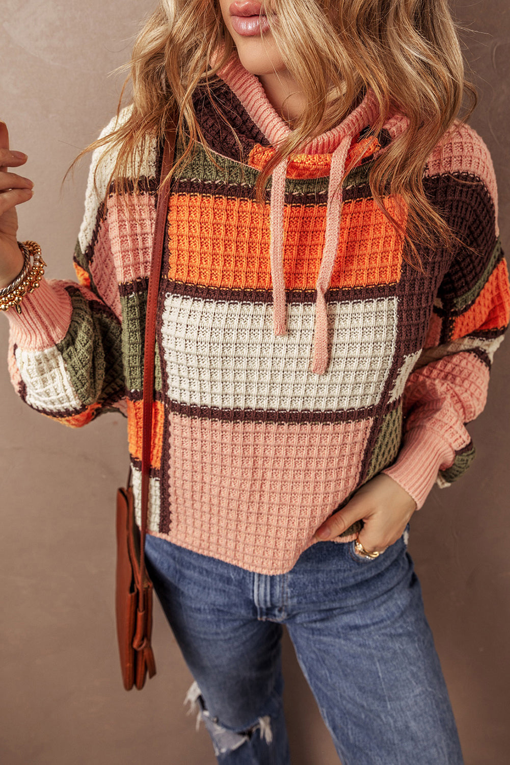 Zoey Waffle Knit Drawstring Mock Neck Sweater-0