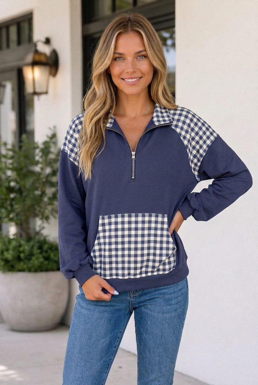 Franceskah Plaid Quarter Zip Sweatshirt