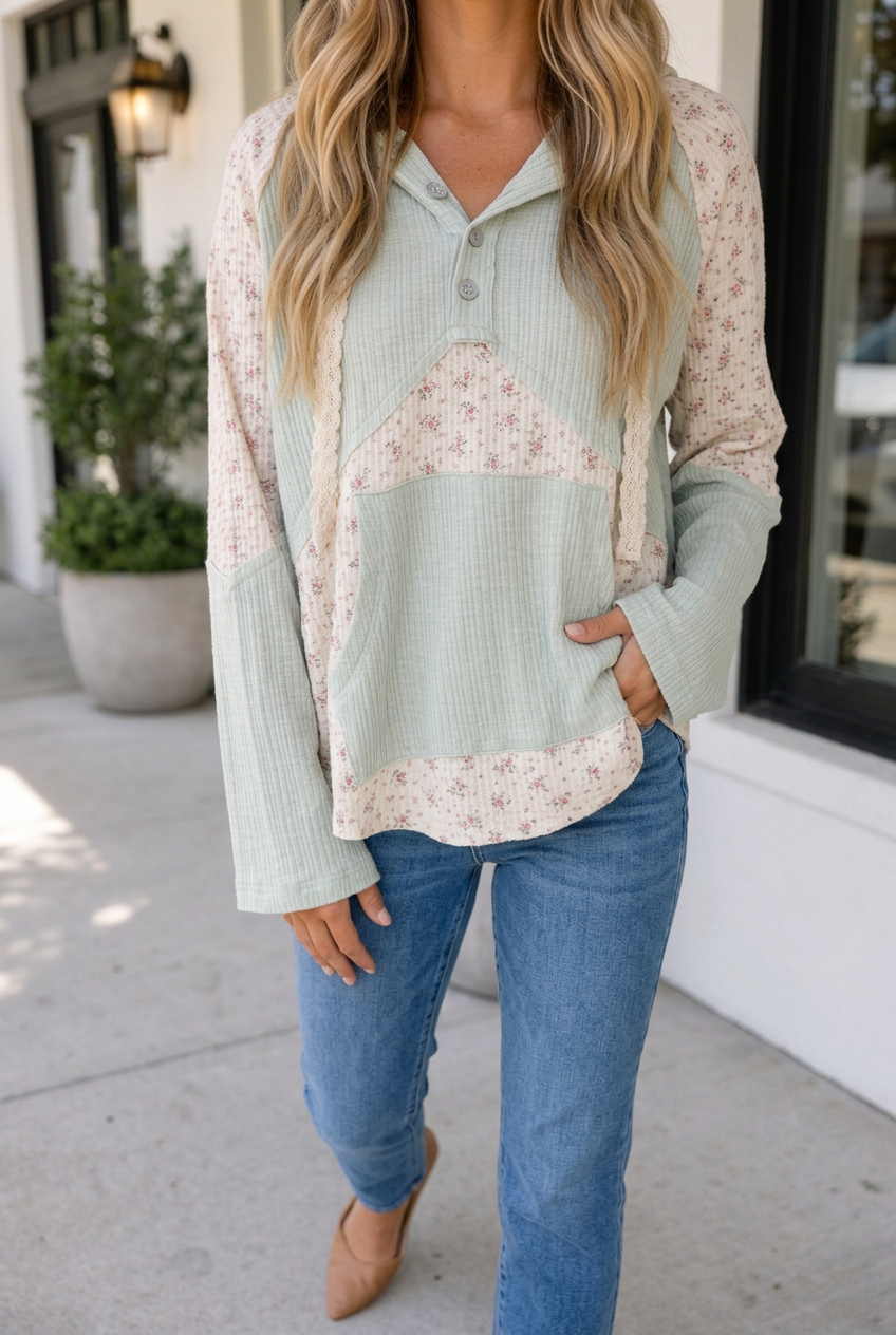 Vanesssa Floral Patchwork Hooded Long Sleeve Top