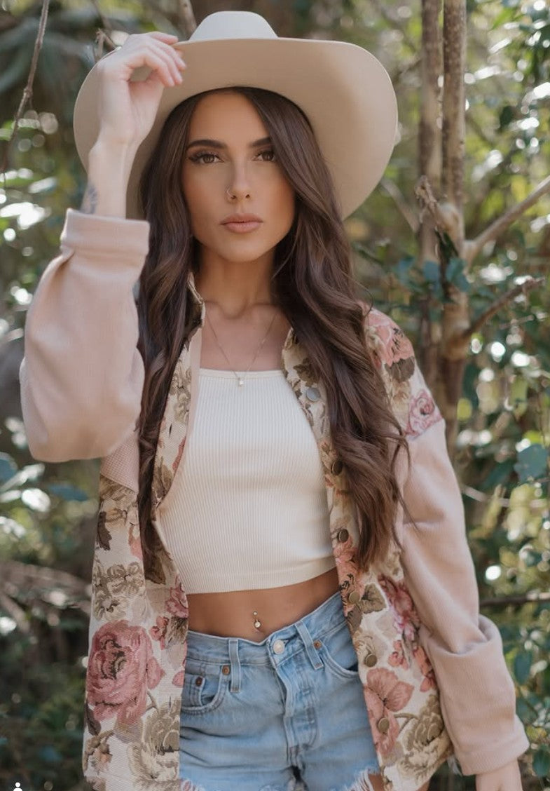 Floral Waffle Knit Patchwork Chest Pocket Buttoned Jacket