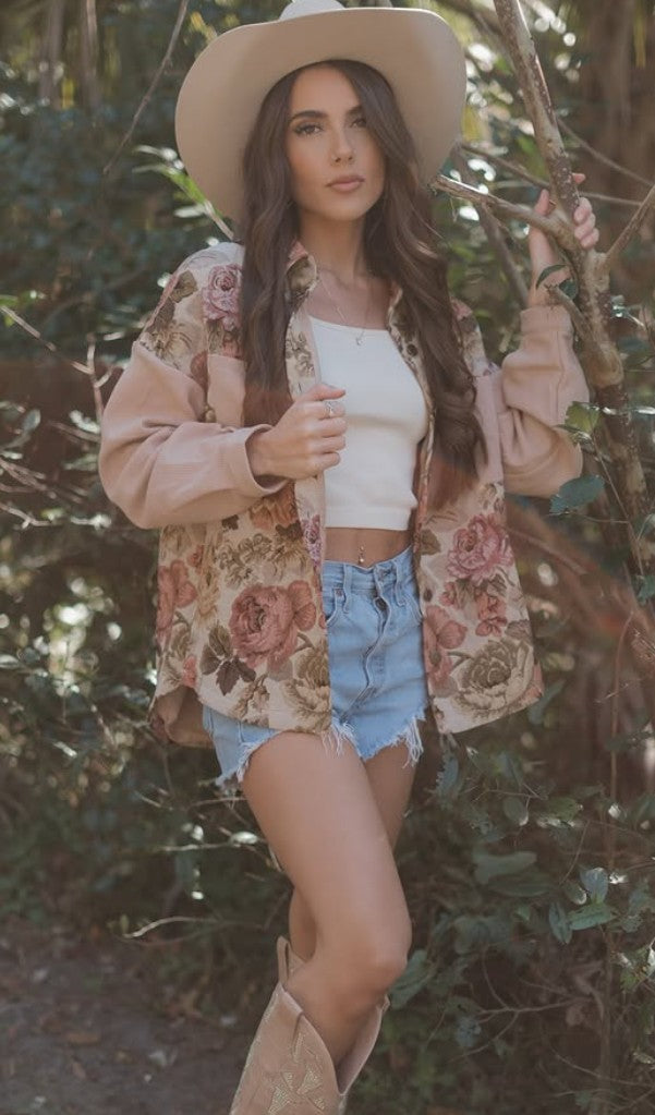 Floral Waffle Knit Patchwork Chest Pocket Buttoned Jacket