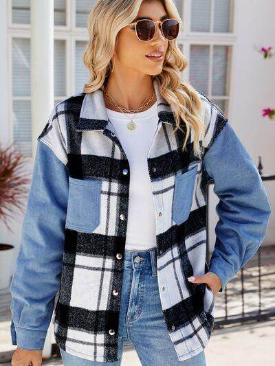 Pocketed Plaid Snap Down Denim Jacket for Stylish Wear
