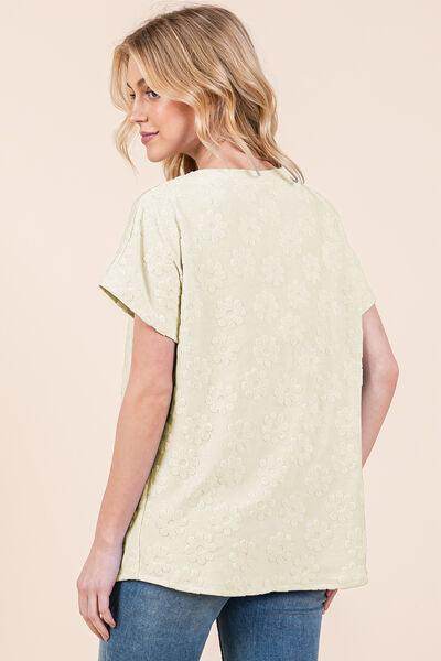 BOMBOM Textured Floral Pattern Short Sleeve T-Shirt for Women