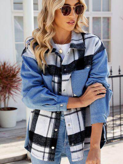 Pocketed Plaid Snap Down Denim Jacket for Stylish Wear