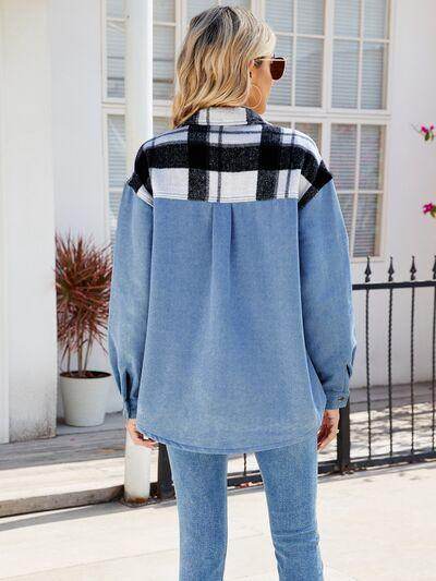 Pocketed Plaid Snap Down Denim Jacket for Stylish Wear